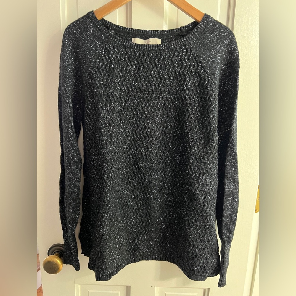 LOFT black and silver metallic thread shimmer sweater holiday  party festive